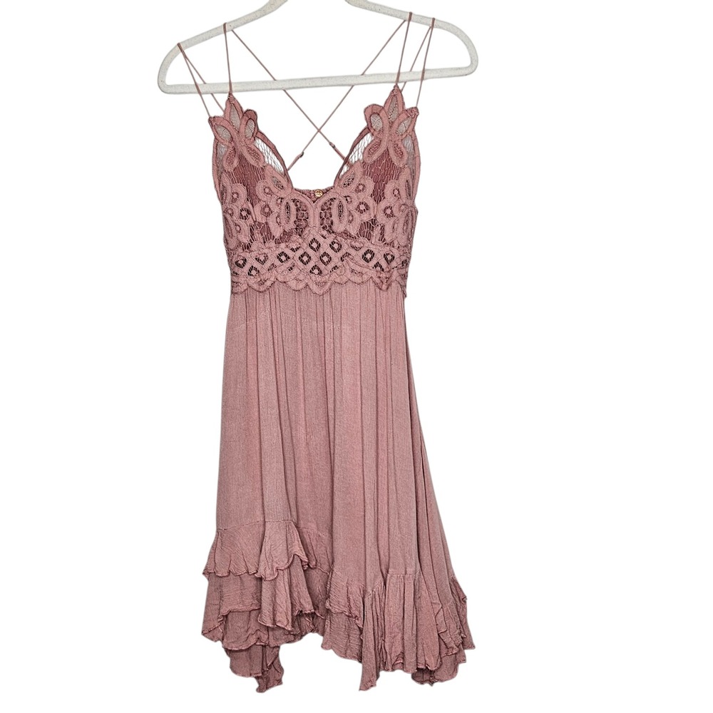 FP One Free People Babydoll Mini Dress‎ Pink Lace Ruffle Boho Fairy Cottage S